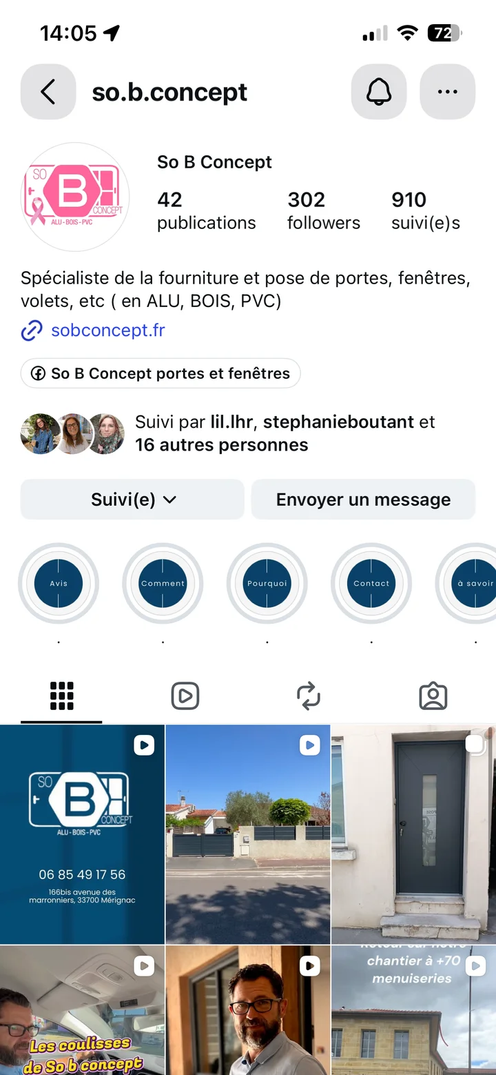Profil Instagram de So B Concept, portes et fenêtres